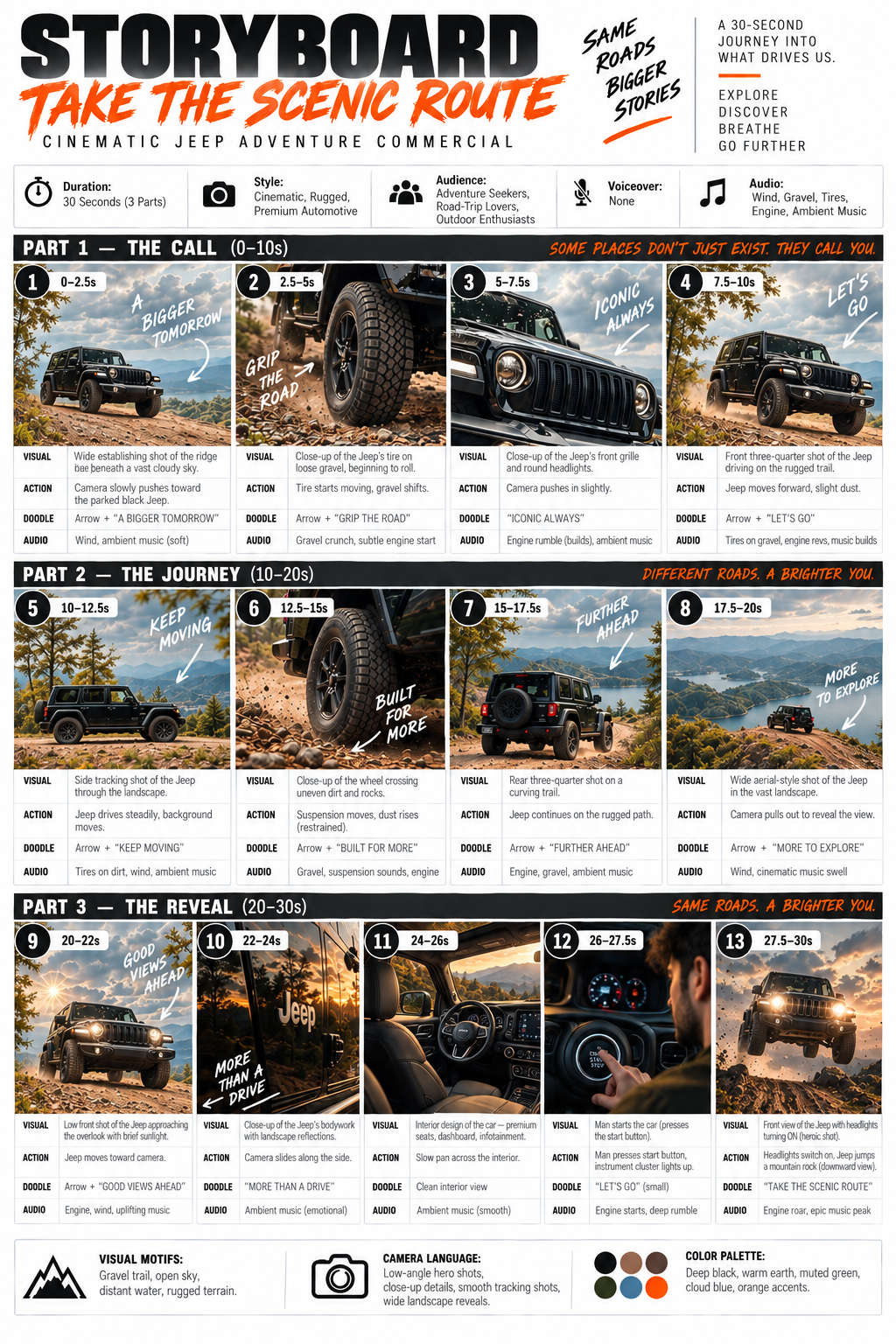 A 13-panel storyboard for a 30-second cinematic Jeep adventure ad, divided into the call, the journey, and the reveal.